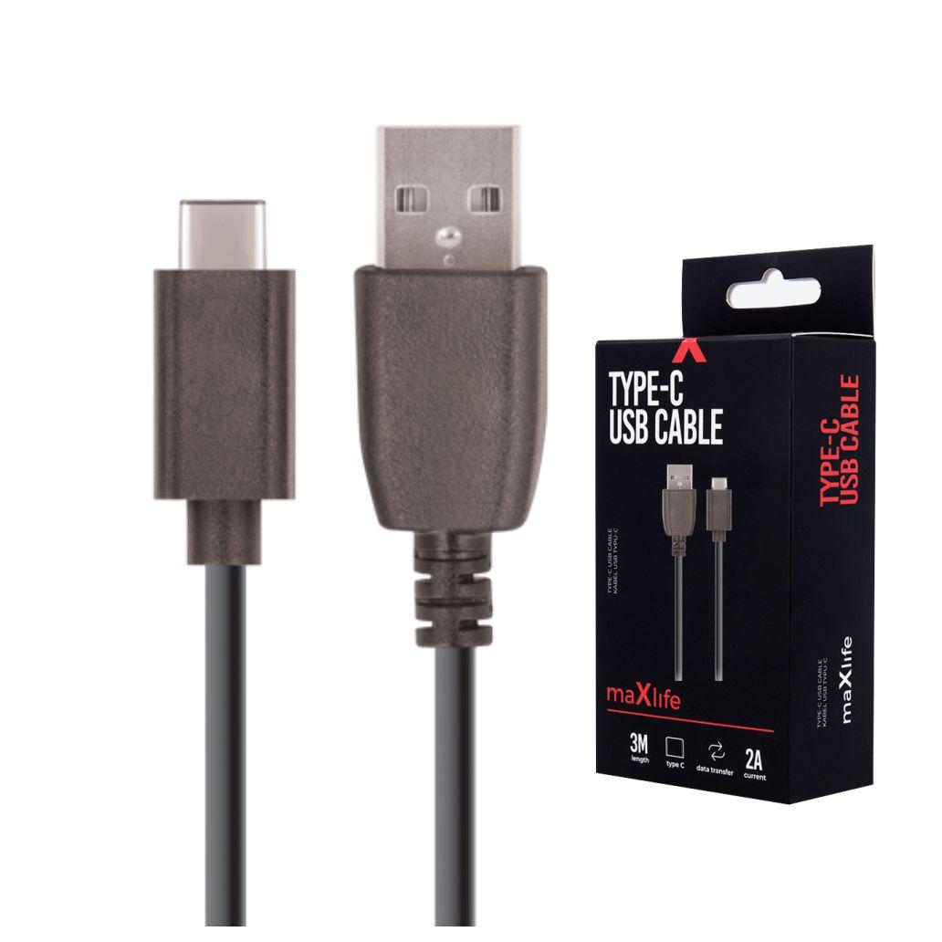 Cabo USB-A 2.0 2A Macho / USB-C Preto 1m