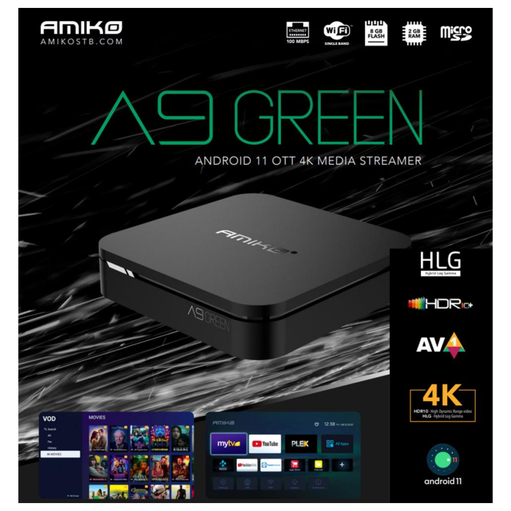 Recetor Amiko A9 Green 4K IPTV Android Wi-Fi